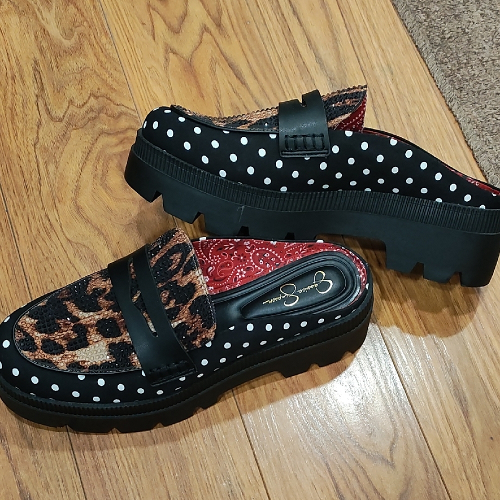 Jessica Simpson Black and White Polka Dot Leopard-Accent Platform Mules